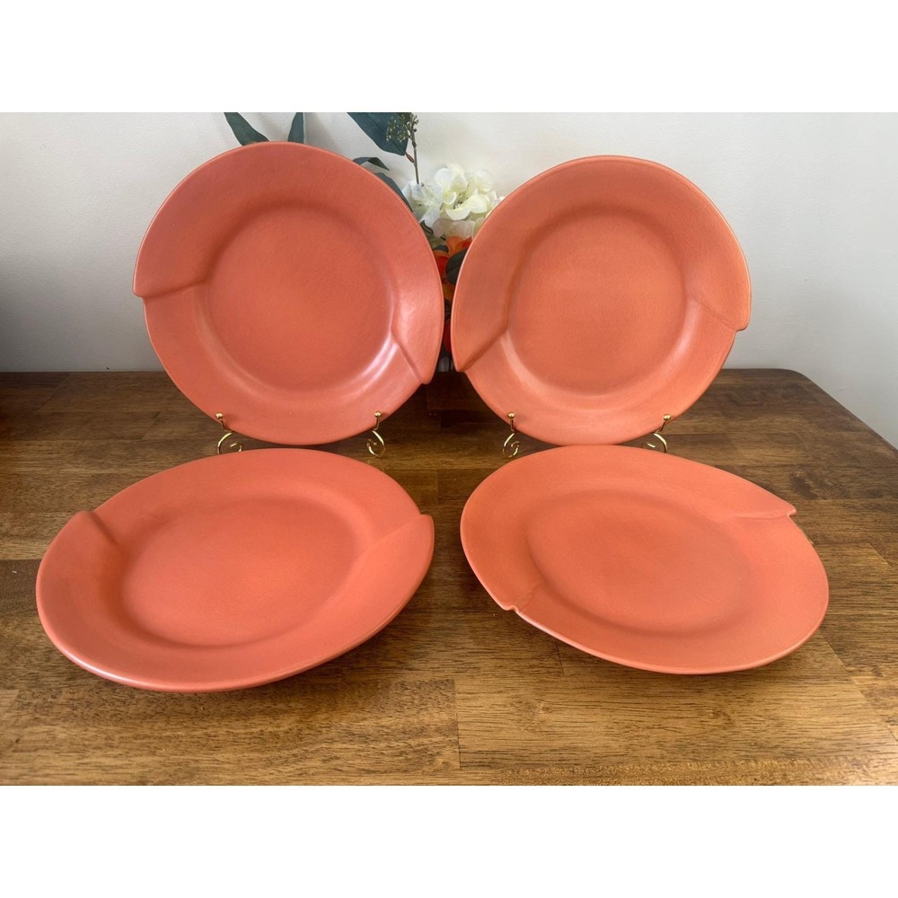 Vintage Cyclamen Terra Cotta Pottery Dinner Plates Coral Pink Modernist Set of 4